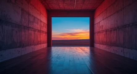 Obraz premium Interior space with concrete walls and wooden flooring bathed in automotive lighting reflecting scenic sky colors