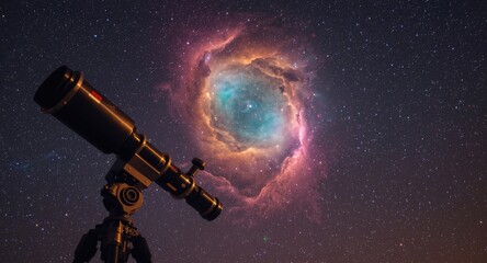 Fototapeta premium Colorful 3D cartoon style long exposure astrophoto with telescope and Pacman Nebula