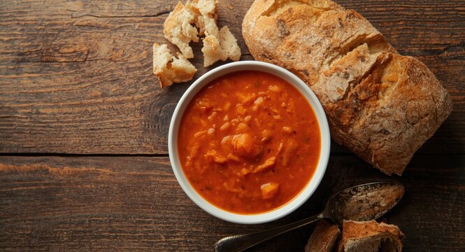 Healthy Spanish salmorejo vegetable soup with bread served on rustic wooden backdrop