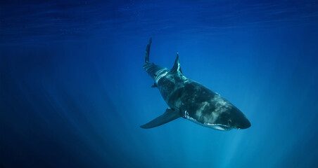 Wild great white shark underwater in the Pacific Ocean, Guadalupe Island, Mexico. Marine predator in clear blue sea with sunlight beams, realistic wildlife and ocean adventure scene.
