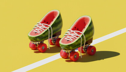  Watermelon Roller Skates on Yellow Tennis Court - Surreal Summer Sports Concept