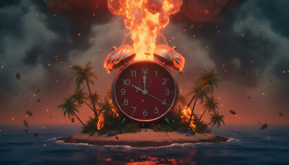  Vintage Alarm Clock Volcano Erupting on Tropical Island - Time Pressure Urgency