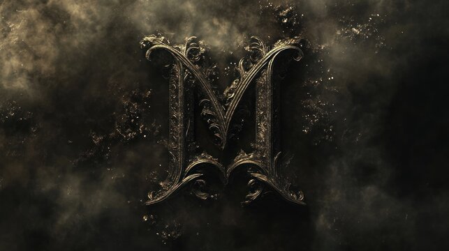Ornate capital letter "M" embossed on a dark, textured surface with smoke-like elements.