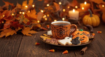 Naklejka premium Autumn Halloween coffee and cookies designed for holiday festivities