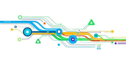 Abstract Technology Background with Circuit Board Lines, Connections, and Geometric Shapes on an Isolated White Background