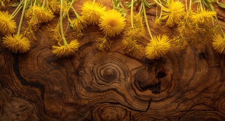 Obraz premium Creative floral arrangement of yellow dandelions on a rich wood grain surface with swirling texture and vivid color contrast