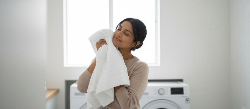 Indian woman smelling fresh laundry and holding white towel in laundry room with washing machine