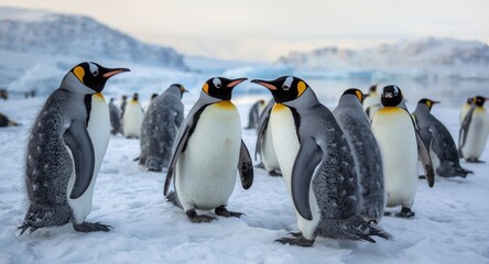 Happy Adelie penguins communicating on icy terrain in polar winter