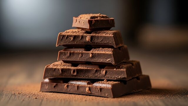 Stack of Dark Chocolate Squares on Wooden Surface