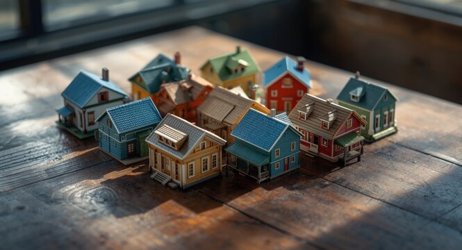 Grouped small-scale houses in different colors representing social classes on table with copy space
