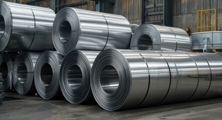 Industrial setting showing stacked aluminum coil rolls for assembly