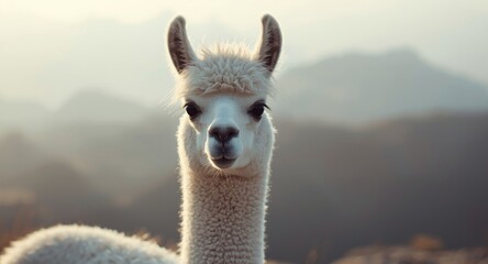 Naklejka premium Delightful white llama posing with hazy mountain horizon behind