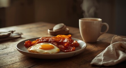 Hearty breakfast featuring British style eggs bacon and freshly made coffee