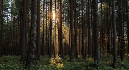 Obraz premium Dappled sunlight filtering through tall pine forest