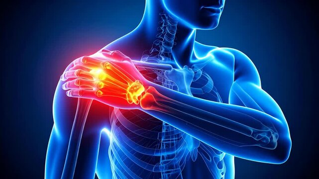 Human shoulder and arm anatomy with glowing red pain points in joints and bones