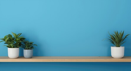Fototapeta premium Blue shelf arrangement with wooden frame for blank vertical banner template