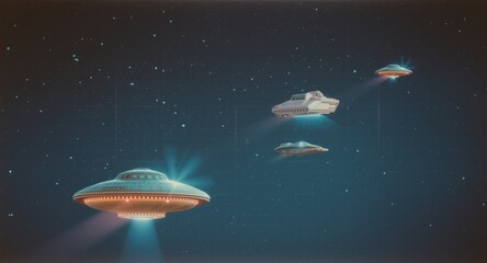 Obraz premium Classic 80s pixelated space theme with flying saucers and starships for vintage style print backgrounds