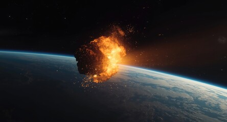 Fototapeta premium Flaming rock from space entering atmosphere close to Earthbound spacecraft