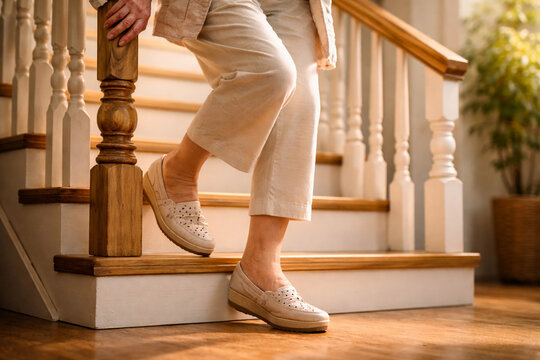 Senior Caucasian woman in beige casual outfit standing on wooden staircase at home, wearing orthopedic loafers. Warm natural light, cozy interior, fall prevention and healthy aging lifestyle concept.