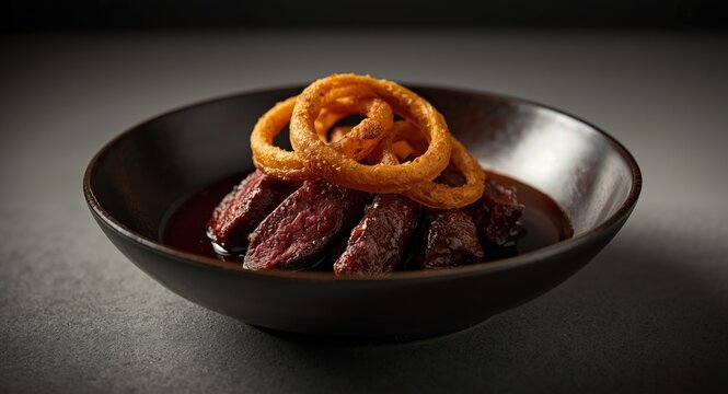 Dry aged angus Cuban bistec encebollado with onion rings in soy sauce presented in a minimalist Nordic style bowl with copy space