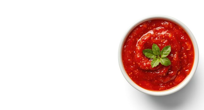 Georgian adjika spicy red sauce displayed with copy space on white background