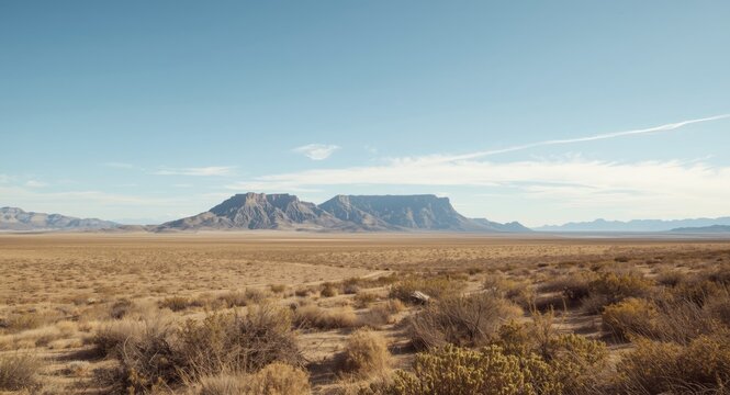 Expansive arid plains merging into distant mountainous horizon beneath clear sky