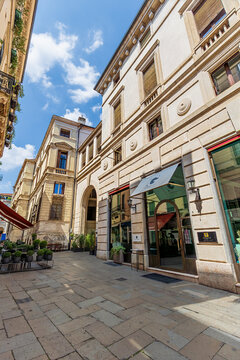 Vicenza, Italy - July 8, 2024: Via Contra' S. Gaetano da Thiene, 1, in Vicenza, Italy, is home to the Palazzo Negri de Salvi. This historic palazzo has been part of the city's landscape for centuries.