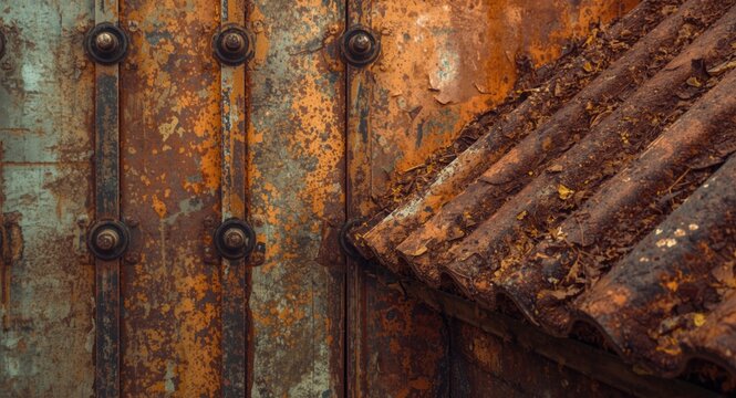 Industrial backdrop featuring weathered metal panels and rusty zinc roof texture for architectural design