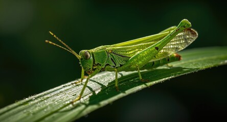 Bright green tettigonia grasshopper resting on a sunlit leaf surface