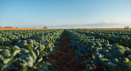 Fototapeta premium Lush green broccoli plants flourishing in an open crop field