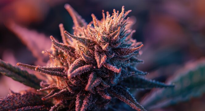 Close up of flowering medical cannabis bud with detailed trichomes