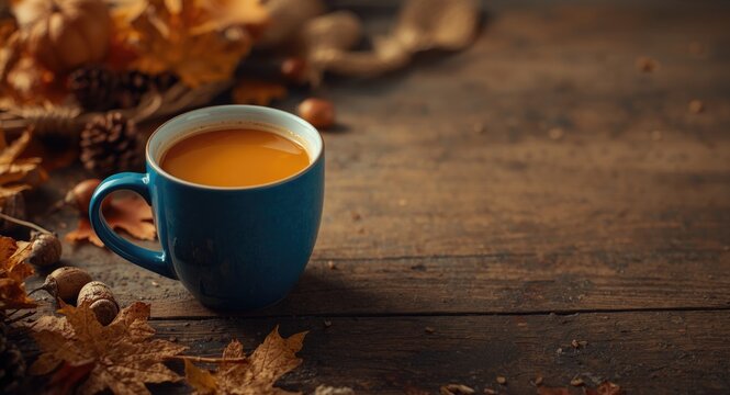 Blue cup with seasonal autumn drink and rustic table background decorated with fall items and copy space