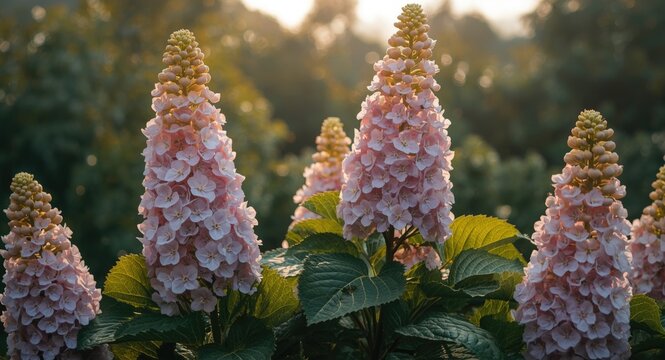 Lush flowering Hydrangea paniculata with panicled cluster flowers in open air