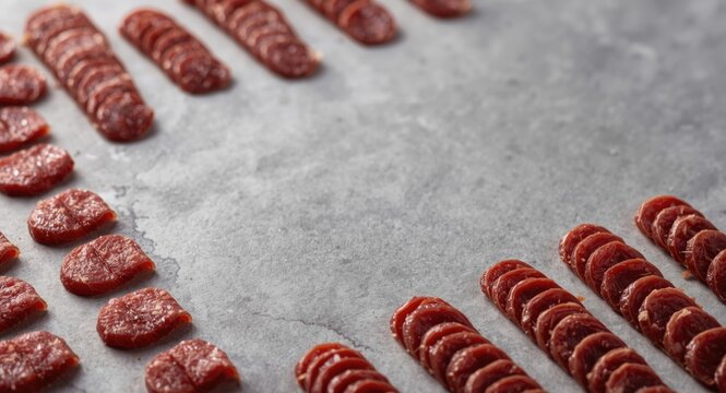 Cured biltong slices displayed on neutral grey surface with copy space