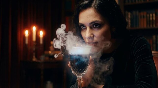 Mysterious woman holding a glass with blue smoking potion in a dark library. Witch with intense look preparing a magical elixir with vapor. Fantasy witchcraft and alchemy concept