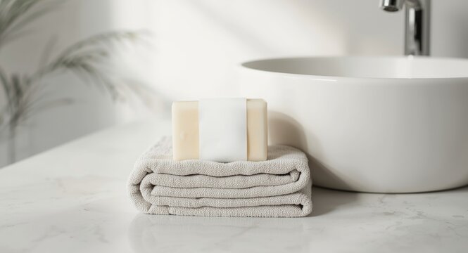 Beige handmade soap bar with blank label on light grey towels near a vessel sink exhibiting brand packaging mockup
