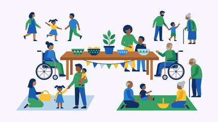 Fototapeta premium Community support and inclusion vector people scene for social care activity flat design isolated on white background