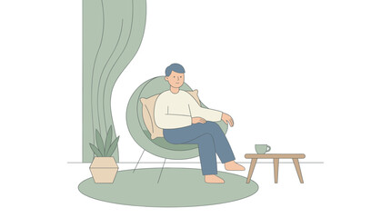 Fototapeta premium Resting person in lounge chair vector scene for quiet tea time home setting flat design isolated on white background