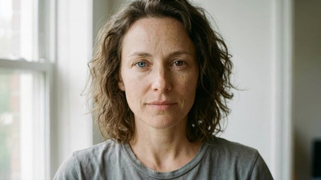 Close-up portrait of a woman with heterochromia looking directly at the camera near a window. Natural face of a female with different colored eyes, blue and brown. Unique beauty and genetics concept