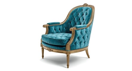 Fototapeta premium Decorative brass leg classical art deco armchair with turquoise quilting isolated on white