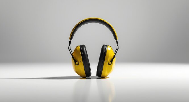 Hearing safety concept with yellow ear muffs on white surface