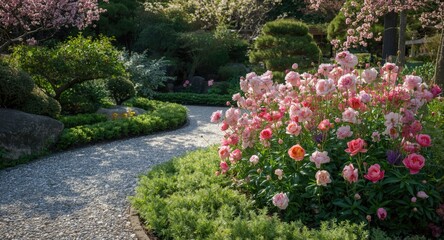 Obraz premium Beautiful spring blooms decorating an elegant Asian garden in seasonal change