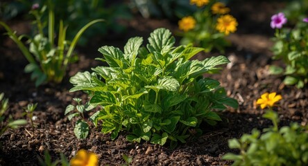 Obraz premium Leafy green plant growing in vibrant garden soil perfect for summer salad recipes