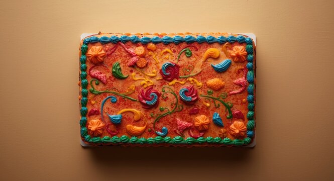 Flat overhead shot of a rectangular cake with festive icing design