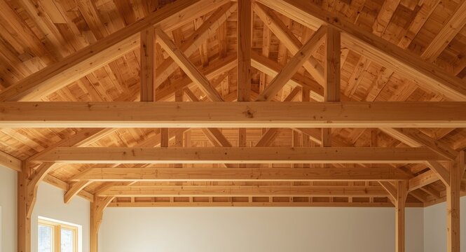 Daylit room revealing laminated timber rafters beneath wooden roof structure