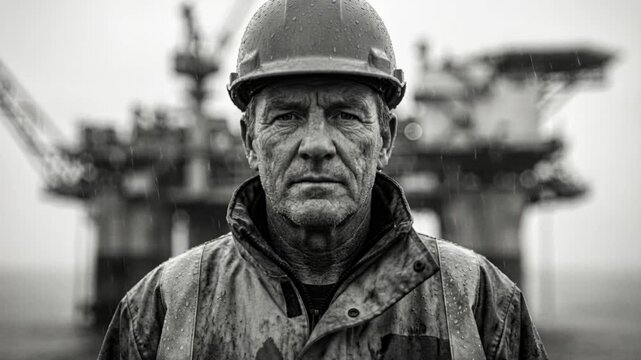 Dramatic black and white portrait of an oil rig worker in a hard hat under rain. Serious male face with wrinkles and grime in front of an offshore platform. Industrial labor and tough job concept