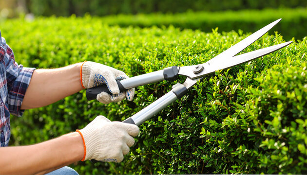 Manos con guantes recortando un seto verde de boj con tijeras de jardiner&iacute;a, trabajo de cuidado y mantenimiento de jardines y espacios verdes