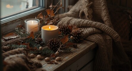 Content autumnal hygge moment featuring warm sweaters candlelight and a cup nestled amongst a decorative garland on a windowsill