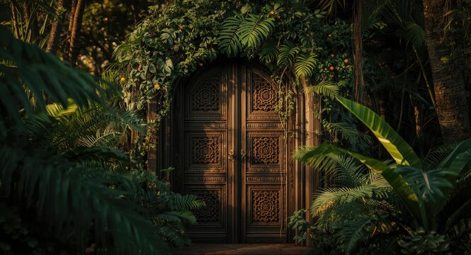 Carved wooden door amidst thick tropical plants with a warm natural light ambiance