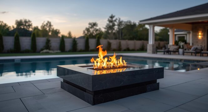 Contemporary gas fire pit with dark glass creating inviting pool atmosphere